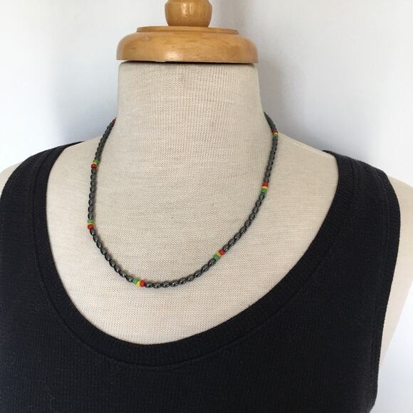 Hematite beaded necklace with red yellow green color pops - Picture 2 of 5